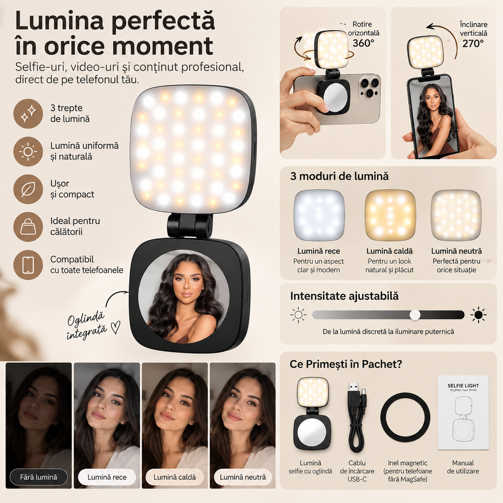 Lumină Magnetică Selfie cu Oglindă